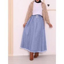 Moda Morfo Eteği Püsküllü Cepli Kot Etek   -Buz Mavi