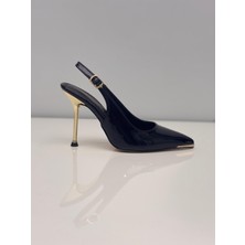 Serrace Kadın Siyah Rugan Stiletto Arkası Açık Stiletto - 9 cm Topuk - Podeia Estilo
