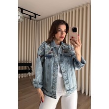 Sue Store Açık Mavi Önü Boncuk Işlemeli Oversize Kot Ceket