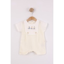 Joy Kids Erkek Bebek Gemi Nakışlı %100 Pamuk Müslin Tulum (0-9AY) (Krem)