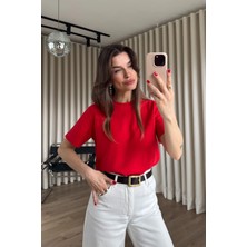 Sue Store Kırmızı Bisiklet Yaka Premium Oversize Pamuk T-Shirt