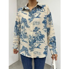 Moda Morfo Ağaç Figürlü Keten Gömlek -Petrol