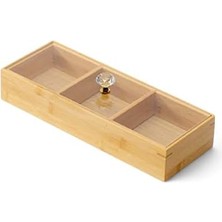 Bambu 3 Bölmeli Kristal Kapaklı Sunumluk, Kuru Meyve, Kuru Yemiş ve Drajeleriniz Için 3 Bölmeli Dikdörtgen Sunum Tepsisi ve Tabağı 30CM*10CM*6,5CM