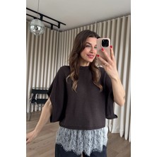 Sue Store Kahverengi Beyaz Dantelli Yarasa Kol Triko Bluz