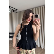 Sue Store Siyah Beyaz Düğmeli Likralı Yelek
