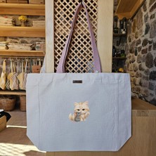 Sevimli Kedi ve Fare Dostluğu Cute Cat And Mouse Friendship Krem Gri Hayvanlar Baskılı Naturel Kanvas Bez Çanta Pudra Sap Beyaz Cırt Cırtlı Suluk Tutuculu - Küçük