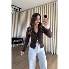 Sue Store Acı Kahve Dantel Detaylı Düğmeli Yünlü Hırka