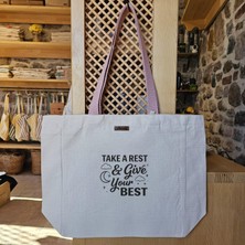 Gece Mavisi Logo & Yıldızlı Tasarım Dinlendirici Mesaj Içeren Modern Samimi En Iyisini Ver Baskılı Naturel Kanvas Bez Çanta Pudra Sap Beyaz Cırt Cırtlı Suluk Tutuculu - Büyük