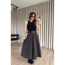 Sue Store Siyah Kahve Etekten Düğme Detaylı Kemerli Poplin Elbise