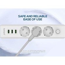 Uzatma Kablosu Güç ve Şarj 2 Metre Kablo Uzunluğu Çok Amaçlı Uazatma Fiş 4 Adet Priz 3 Adet USB Çıkışlı Açma Kapama Düğmeli Beyaz | 3405