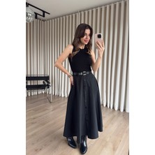 Sue Store Siyah Etekten Düğme Detaylı Kemerli Poplin Elbise