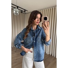 Sue Store Mavi Taşlı Düğmeli Kot Gömlek