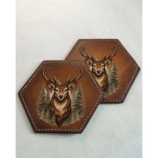 INKD 2'li Deri Bardak Altlığı - Hakiki Vejetal Deri - Geyik Baskılı - El Yapımı Coaster