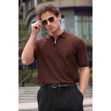 Aziso Erkek Polo Yaka Yarım Fermuarlı Kahverengi T-Shirt Kısa Kol Günlük Tarz