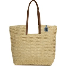 Bagmori Krem Deri Askılı Büyük Örgülü Hasır Büyük Çanta