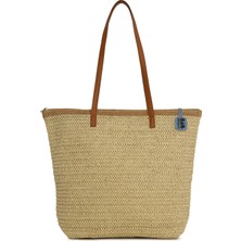 Bagmori Taba Deri Askılı Tote Hasır Çanta