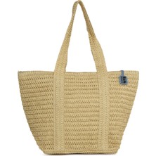 Bagmori Krem Şerit Detaylı Tote Hasır Çanta