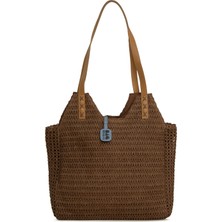 Bagmori Kahverengi Deri Askılı Büyük Tote Hasır Çanta