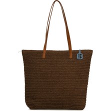 Bagmori Kahverengi Deri Askılı Tote Hasır Çanta