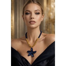 Solare Accessories Lacivert Yeşim Taşı & Hematit Taş Dizili Çelik Uçlu Çiçek Kolye