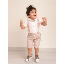 Mika Kids Bej Çizgili Kumaş Keten Gömlek Erkek Bebek Papyonlu Yazlık Salopet Bayramlık