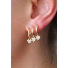 Nenya Vıp Çelik Üçlü Görünümlü Kalp Detaylı Taş Işlemeli Halka Küpe