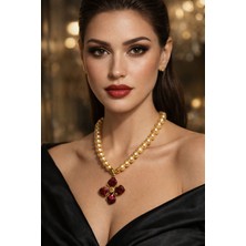 Solare Accessories Kırmızı Çiçek Çelik Mine Detaylı Cam Inci Kolye