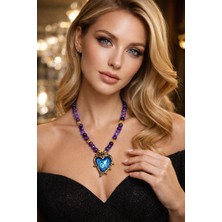 Solare Accessories Mor Yeşim Taşlı Kalp Uçlu Mineli Çelik Kolye