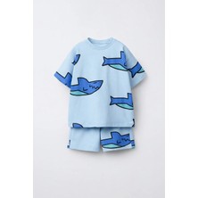 Monila Erkek Çocuk Pamuklu Mavi Köpek Balığı Baskılı T-Shirt ve Şort Alt Üst Takım