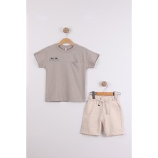 Joy Kids Erkek Çocuk Baskılı Keten Şortlu Basic Takım (3-6yaş) (Bej)