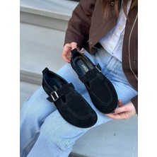 Erva'nın Butiği Siyah Hakiki Deri (Faina) Gümüş Ayarlanabilir Toka Detaylı Kadın Ayakkabı