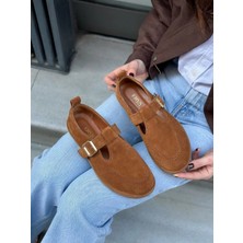 Erva'nın Butiği Taba Hakiki Deri (Faina) Gold Ayarlanabilir Toka Detaylı Kadın Ayakkabı