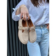 Erva'nın Butiği Bej Hakiki Deri (Faina) Gold Ayarlanabilir Toka Detaylı Kadın Ayakkabı