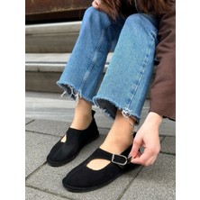 Erva'nın Butiği Siyah Hakiki Deri (Alevo) Dekolte Kesim Gold Ayarlanabilir Toka Detaylı Kadın Ayakkabı