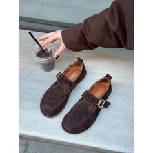 Erva'nın Butiği Kahve Hakiki Deri (Faina) Gold Ayarlanabilir Toka Detaylı Kadın Ayakkabı