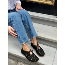 Erva'nın Butiği Siyah Süet (Sergey) Lazer Kesim Boncuk Detay Kadın Ayakkabı