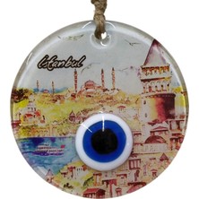 Mixperi Istanbul Temalı Nazar Boncuklu Cam Duvar Süsü - Galata Kulesi Desenli Ev Dekoru - 12 cm