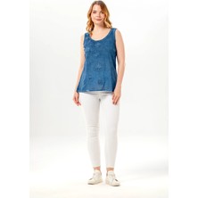 Eliş Şile Bezi Kolsuz Devin Papatya Desenli Yazlık Poplin Bluz Indigo Indg