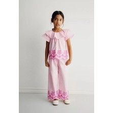 Magu Kız Çocuk Pamuklu Pembe Nakış Detaylı Bluz Pantolon Takım