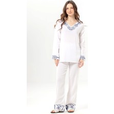 Eliş Şile Bezi Uzun Kol Nirvana V Yaka Nakışlı Yazlık Müslin Bluz Beyaz Byz