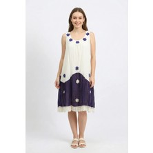 Eliş Şile Bezi Kolsuz Papatya Yuvarlak Yaka Dantel Detaylı Yazlık Vual Kısa Elbise Krem/mor Krm/mr