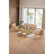 EVDEMO Joy Rattan Puflu Bahçe Balkon Takımı 3+1+1+Camlı Masa Cappuccino Plastik Rattan Malzeme ile Şık ve Dayanıklı