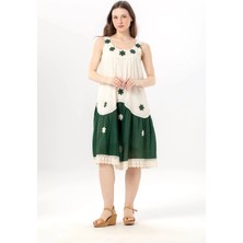 Eliş Şile Bezi Kolsuz Papatya Yuvarlak Yaka Dantel Detaylı Yazlık Vual Kısa Elbise Krem/yeşil Krm/yşl