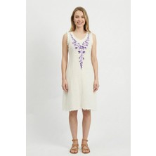 Eliş Şile Bezi Kolsuz Lidya V Yaka Müslin Nakışlı Yazlık Kısa Elbise Kırık Beyaz Krkbyz