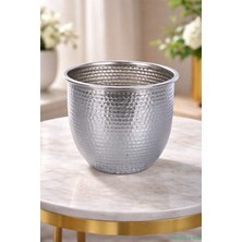 Yapay Çiçek Sitesi Metal Darbeli Cezve Saksı 14 cm Gümüş