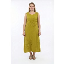 Eliş Şile Bezi Kolsuz Ferah Bisiklet Yaka Yazlık Otantik Müslin Uzun Elbise Yağ Yeşili Ygysl