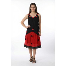 Eliş Şile Bezi Kolsuz Papatya Yuvarlak Yaka Dantel Detaylı Yazlık Vual Kısa Elbise Siyah/kırmızı Syh/krmz