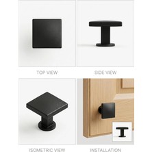 Viva Mat Siyah Kare Düğme Kulp - Modern Dolap ve Çekmece Kulbu 5 Adet