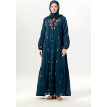 Eliş Şile Bezi Uzun Kol Ala Nakışlı Püskül Bağcıklı Hakim Yaka Yazlık Şile Bezi Uzun Elbise Petrol Ptrl