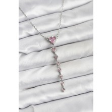 Youday Accessories 316L Çelik Zincir Gümüş Renk Pembe Kalp Kadın Kolye
